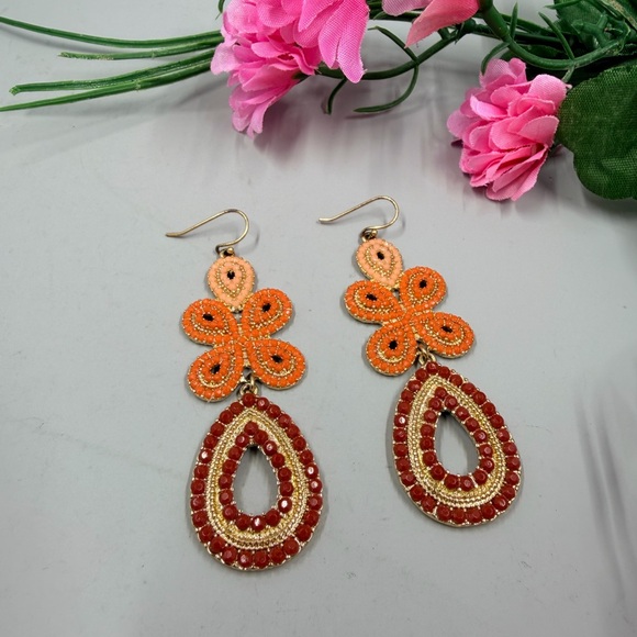 Stella & Dot Signed Orange Floral Drop Earrings with Red Teardrop Accents - Picture 6 of 6